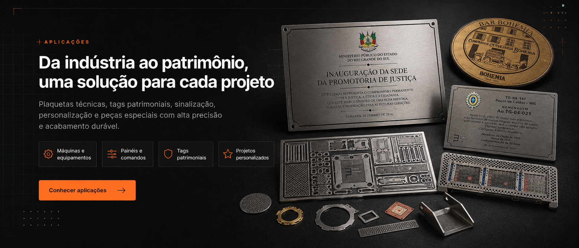 Placas de inauguração, tags patrimoniais e peças personalizadas Laser Master Cut