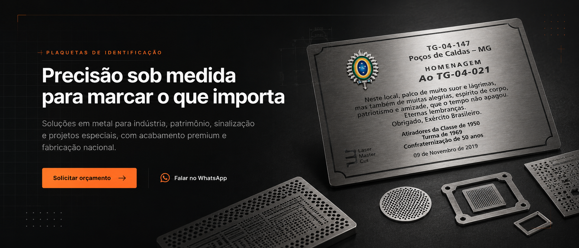 Plaqueta comemorativa de metal e peças de precisão fabricadas pela Laser Master Cut